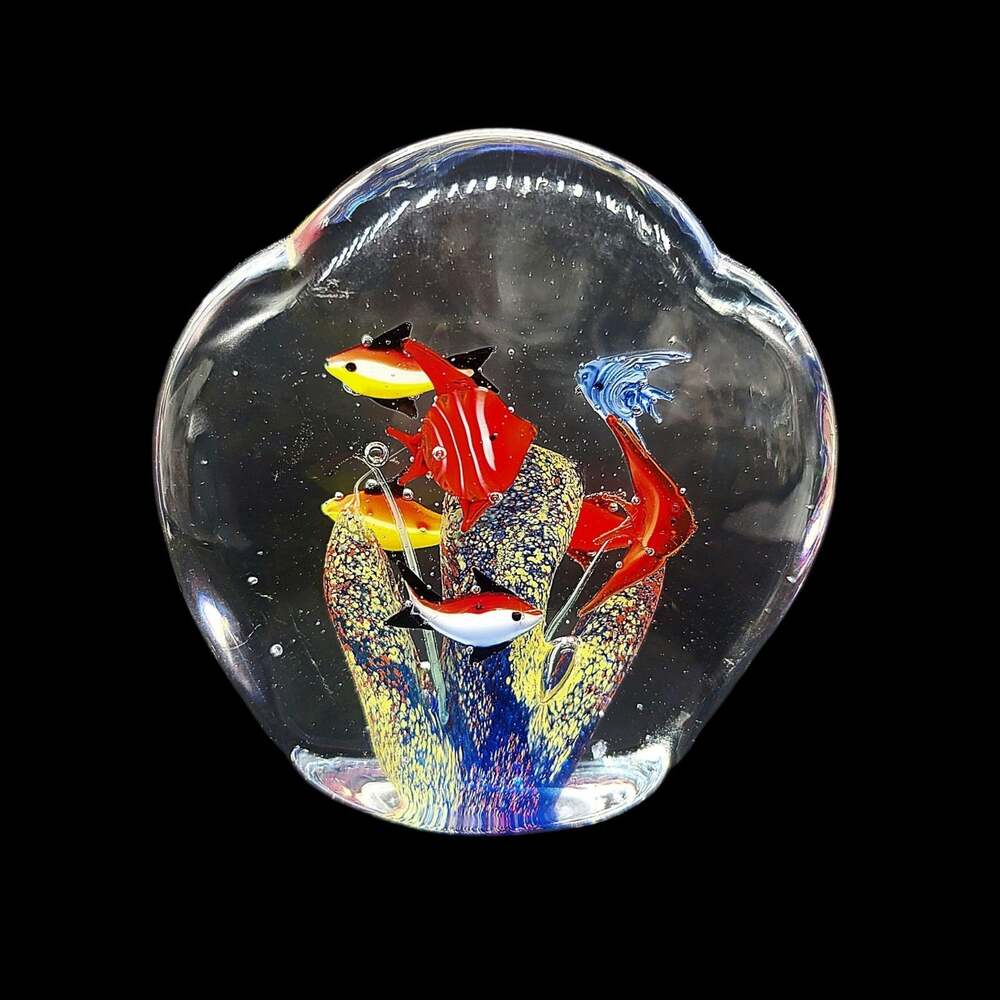 Vtg Clam Shell Shape Murano Style Glass Aquarium Fish Coral Reef Paperweight 5"
